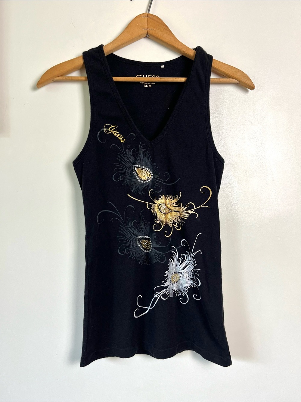 Y2K Guess Black Bedazzled Gold Tank Top